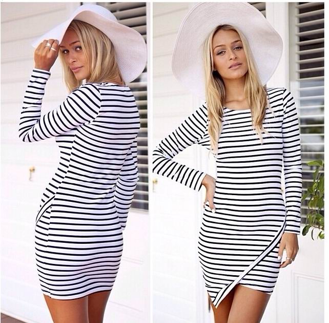 F2313 White Stripe Long Sleeve Asymmetrical Hem Dress